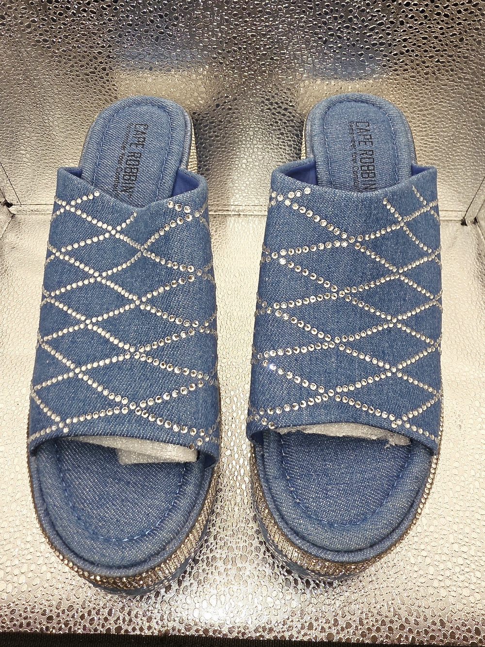 Cape Robbin Blue Denim Crystal-Embellished Slide Mules